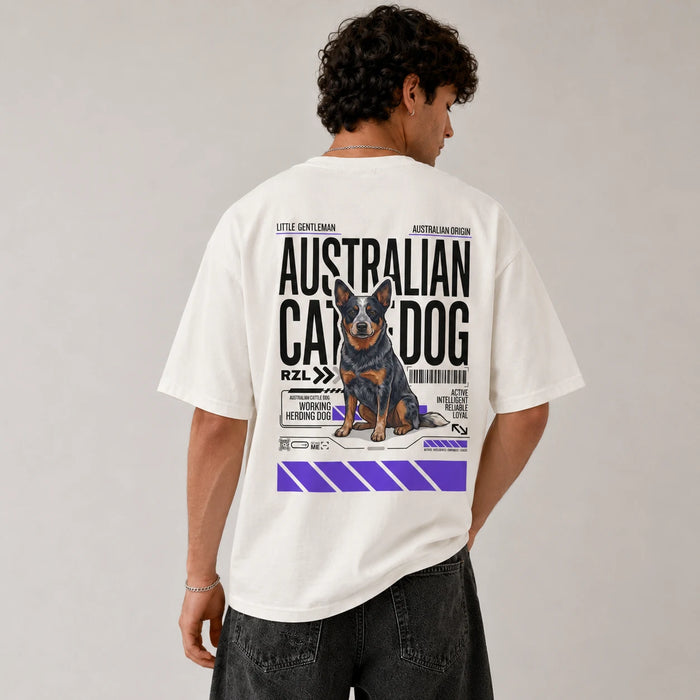 Camiseta Estampada Australian Cattle Dog - Oversize de RazasLovers, Blanco hueso, transpirable, suave