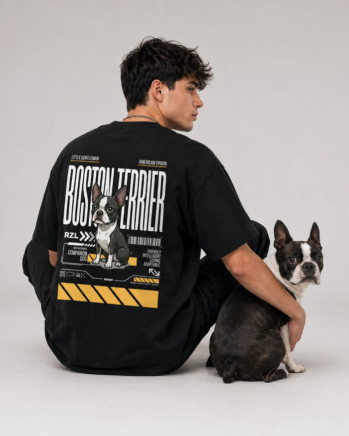 Camiseta Estampada Boston Terrier- Oversize de RazasLovers, Negra, transpirable, suave