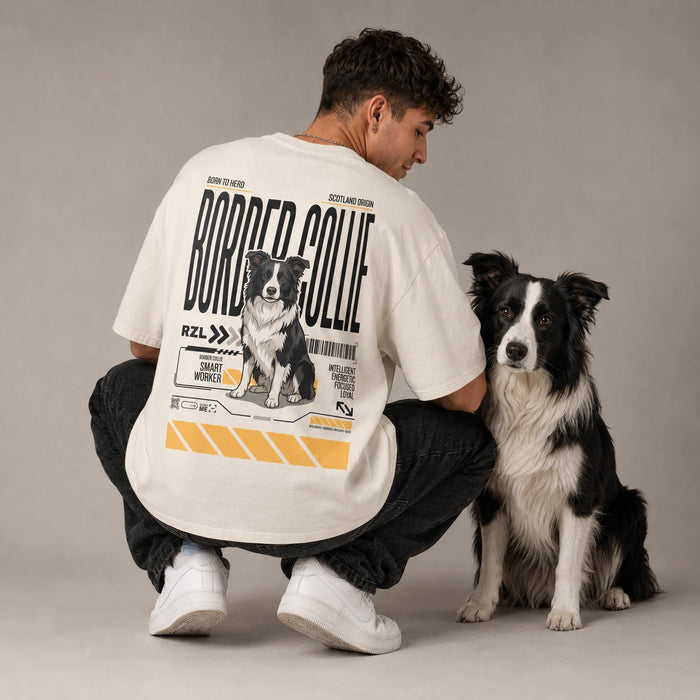 Camiseta Estampada Border Collie - Oversize de RazasLovers, Blanco hueso, transpirable, suave