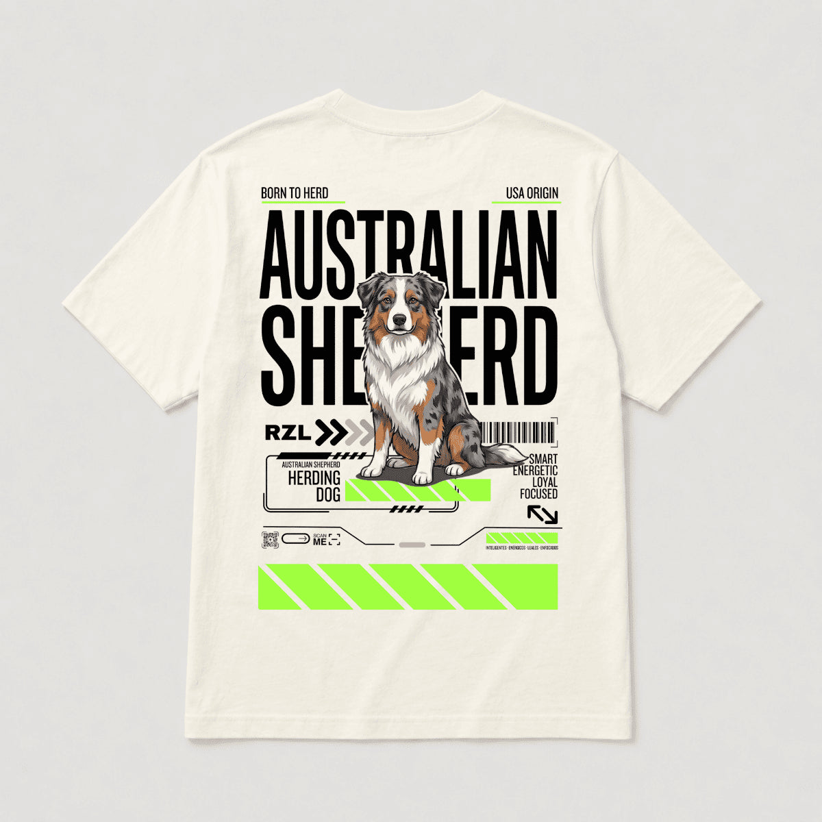 Camiseta Estampada Australian Shepherd - Regular de RazasLovers, Blanco hueso, transpirable, suave