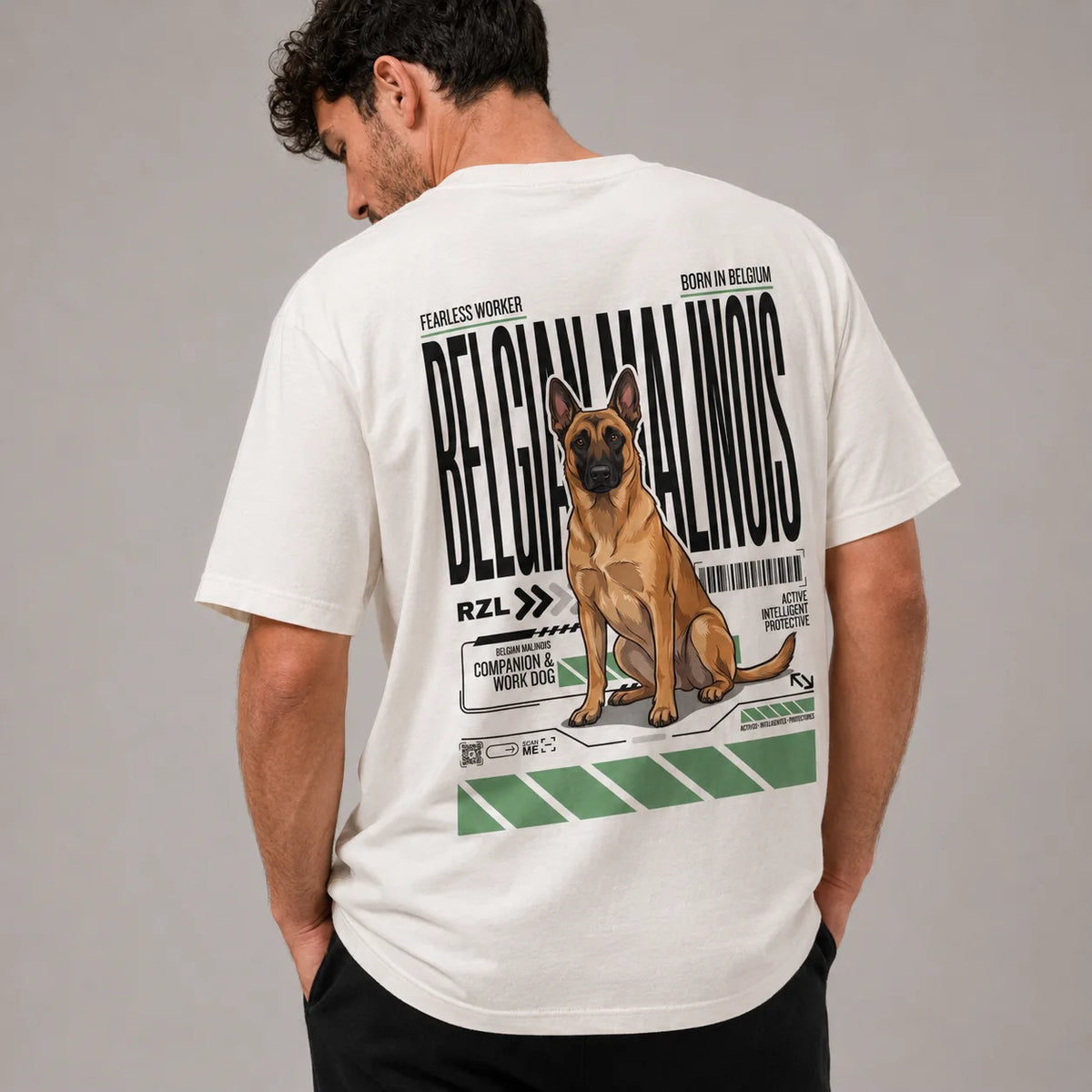 Camiseta Estampada Pastor Belga Malinois - Oversize de RazasLovers, Blanco hueso, transpirable, suave