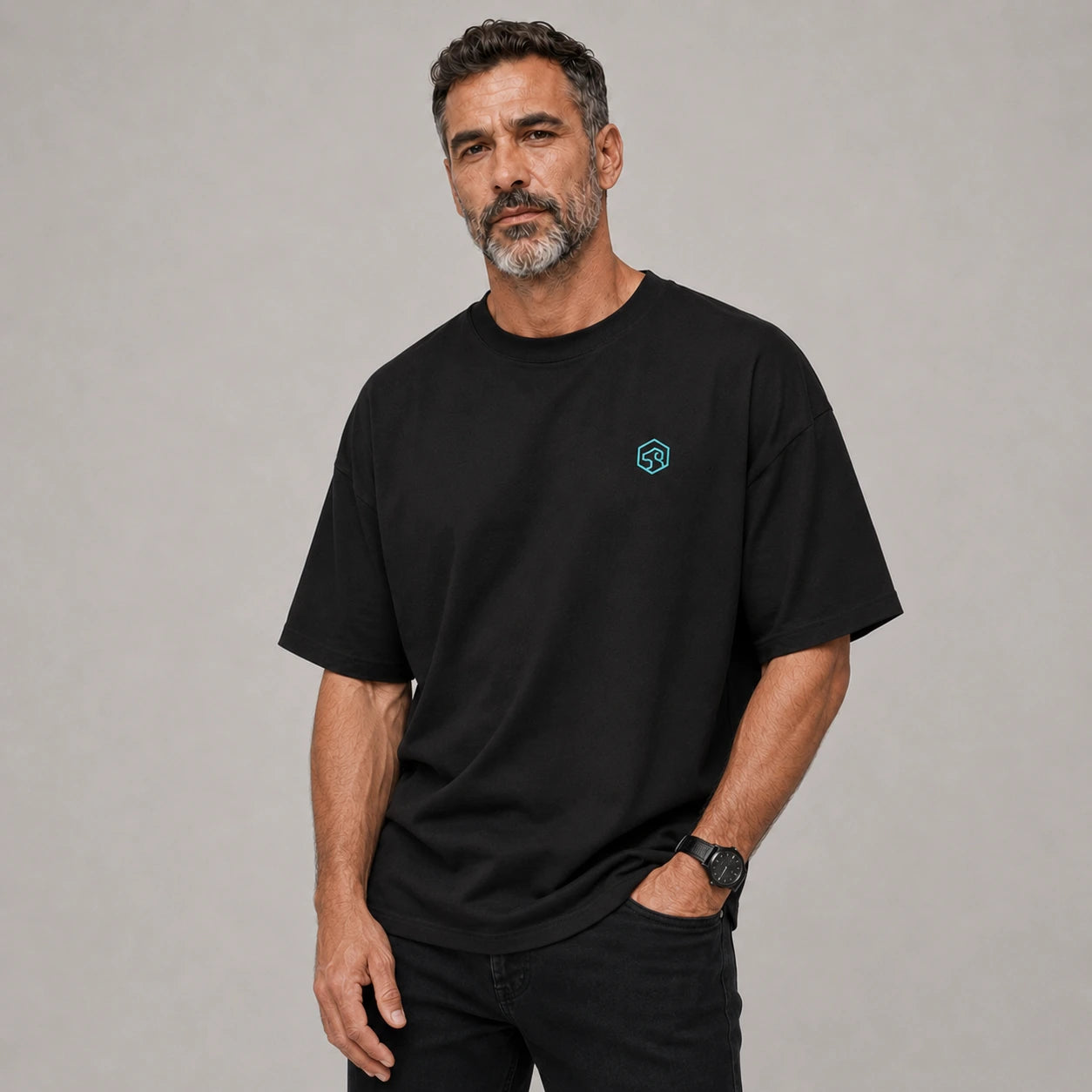 Camiseta básica negra premium bordado - Oversize de RazasLovers, Negra, Azul, transpirable, suave