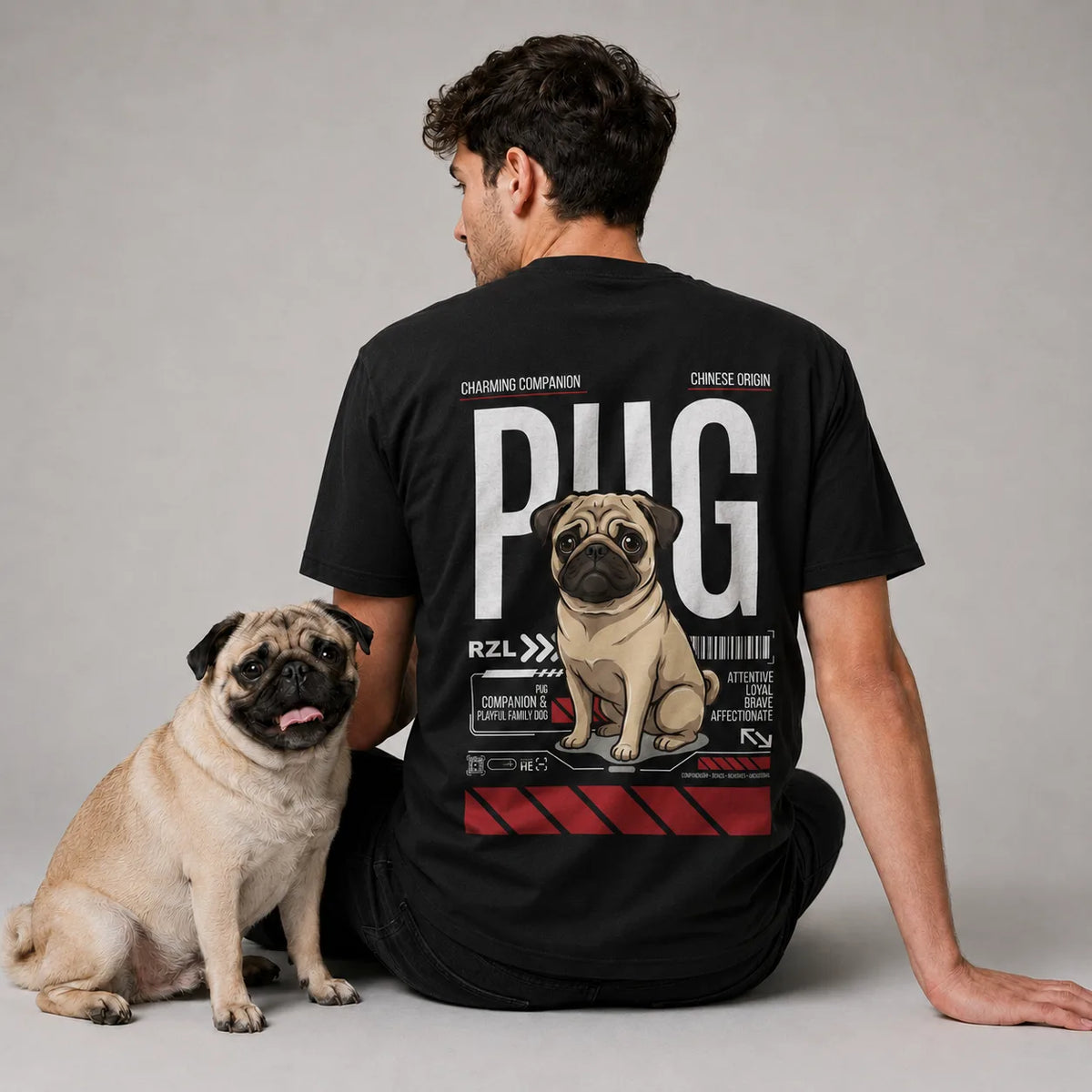 Camiseta Estampada Pug - Regular de RazasLovers, Negra, suave