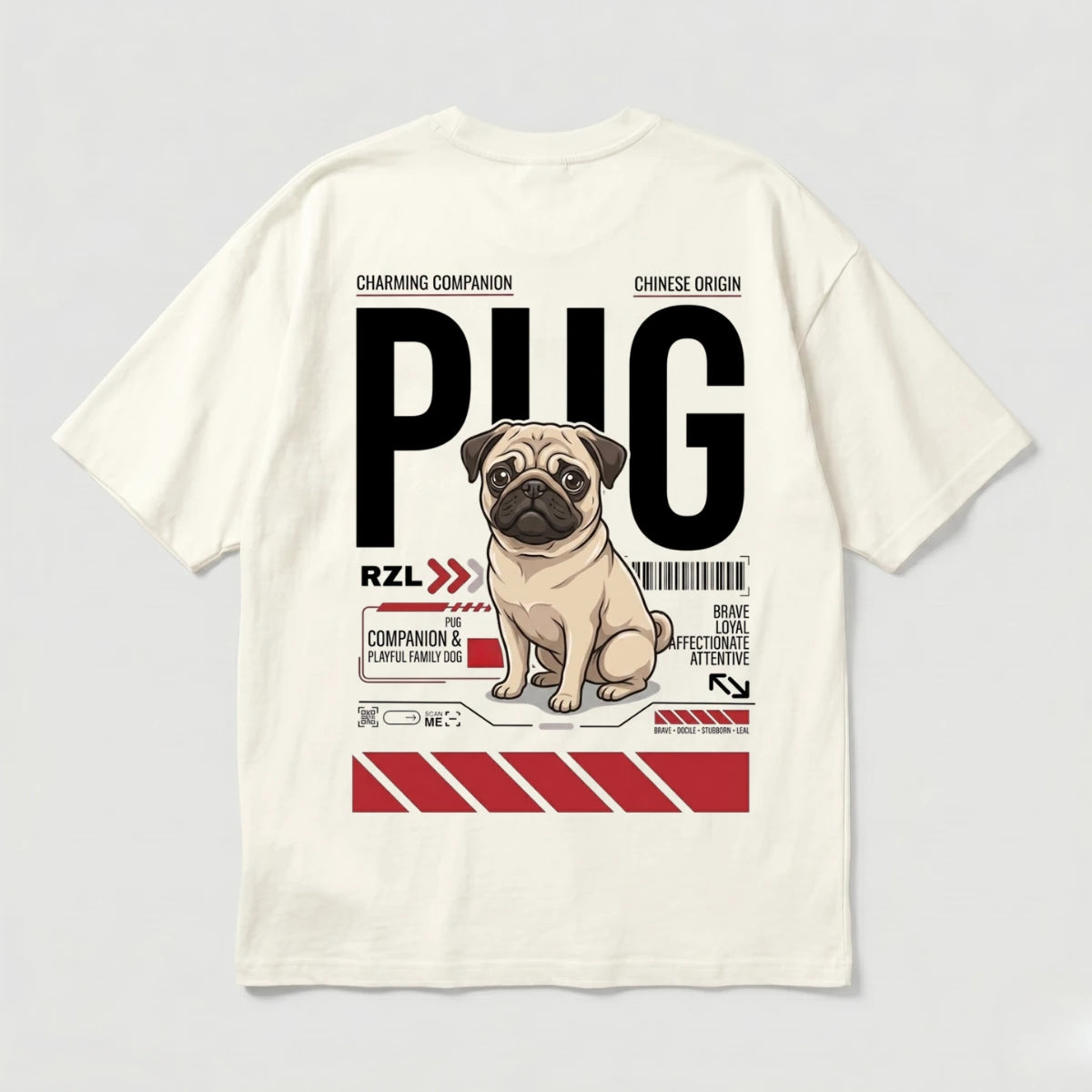 Camiseta Estampada Pug - Oversize de RazasLovers, Blanco hueso, transpirable, suave