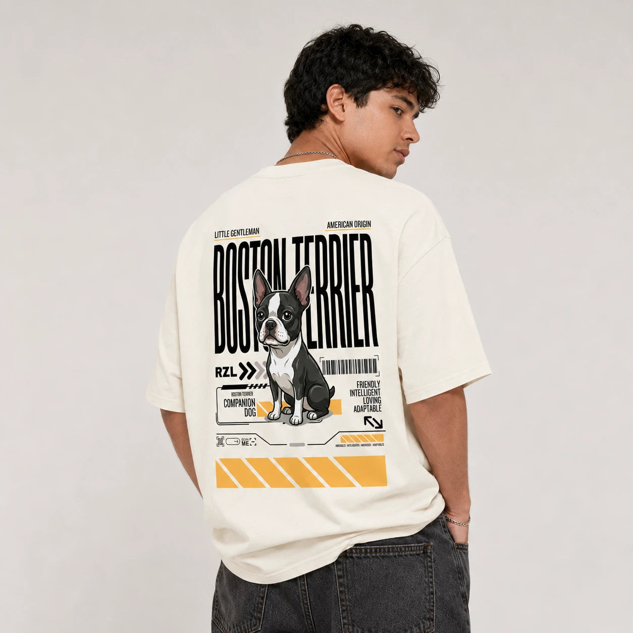 Camiseta Estampada Boston Terrier- Oversize de RazasLovers, Blanco hueso, transpirable, suave