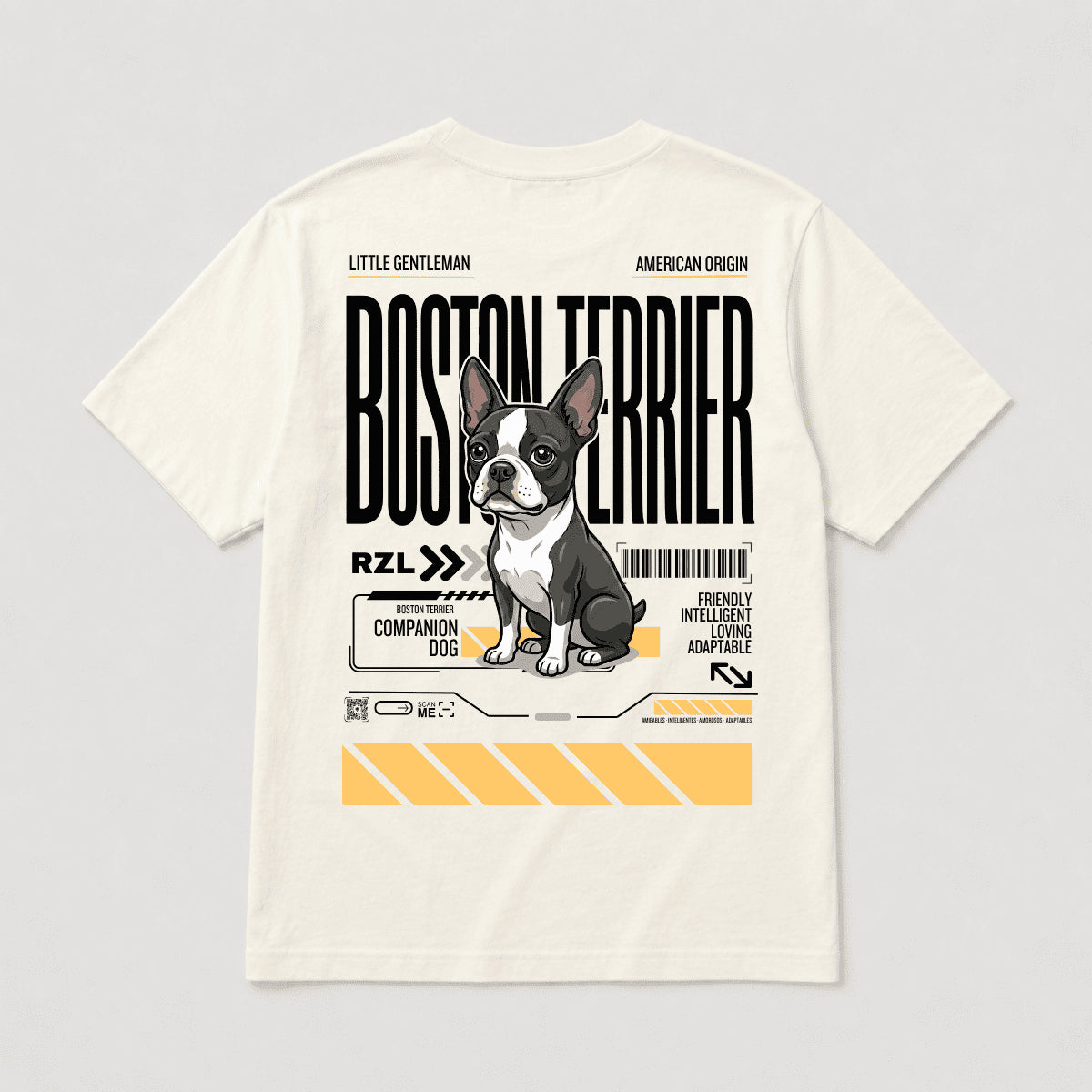 Camiseta Estampada Boston Terrier- Regular de RazasLovers, Blanco hueso, transpirable, suave