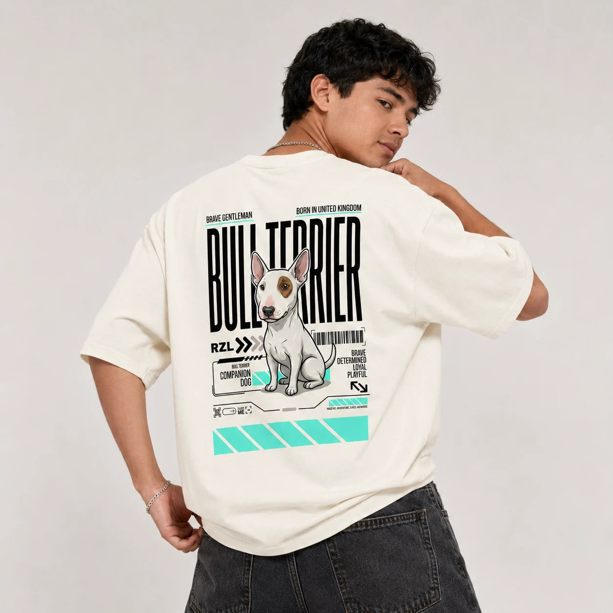 Camiseta Estampada Bull Terrier- Oversize de RazasLovers, Blanco hueso, transpirable, suave