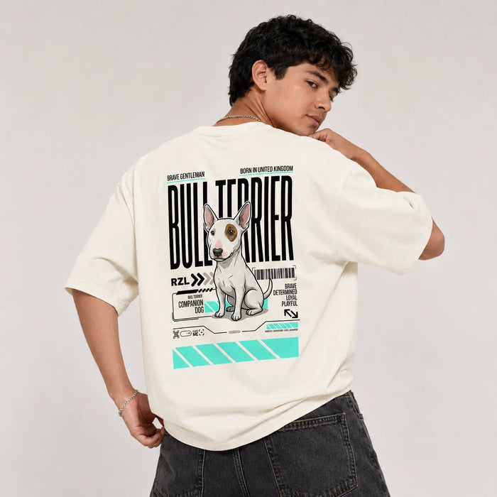 Camiseta Estampada Bull Terrier- Oversize de RazasLovers, Blanco hueso, transpirable, suave