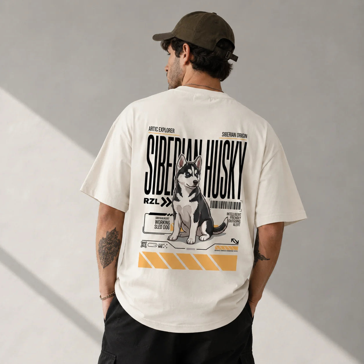 Camiseta Estampada Husky Siberiano - Oversize de RazasLovers, Blanco hueso, suave, bordado