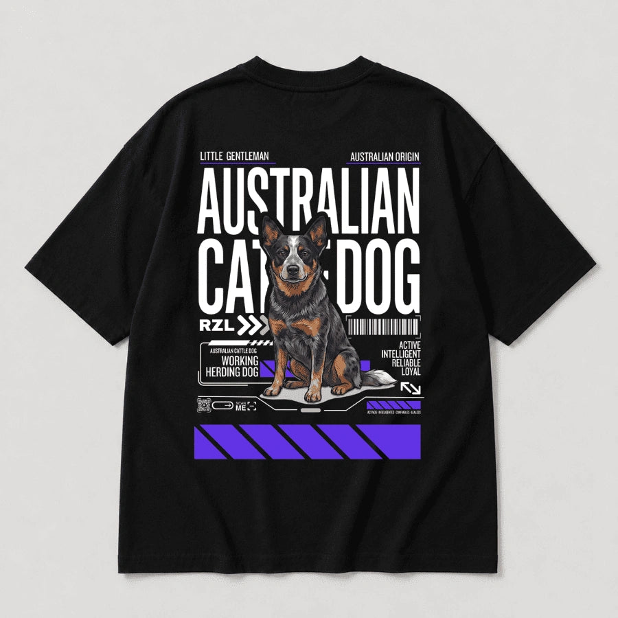 Camiseta Estampada Australian Cattle Dog - Oversize de RazasLovers, Negra, transpirable, suave