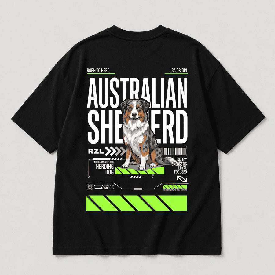 Camiseta Estampada Australian Shepherd - Oversize de RazasLovers, Negra, transpirable, suave