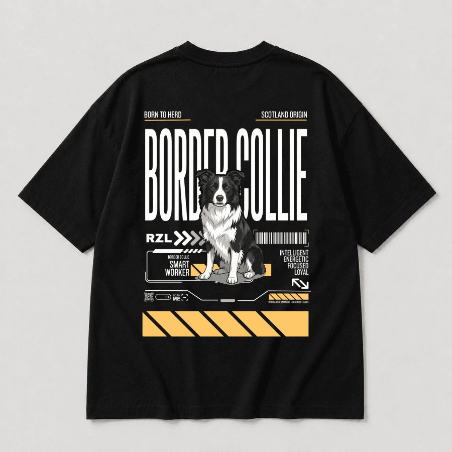 Camiseta Estampada Border Collie - Oversize de RazasLovers, Negra, transpirable, suave