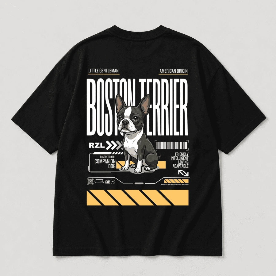 Camiseta Estampada Boston Terrier- Oversize de RazasLovers, Negra, transpirable, suave