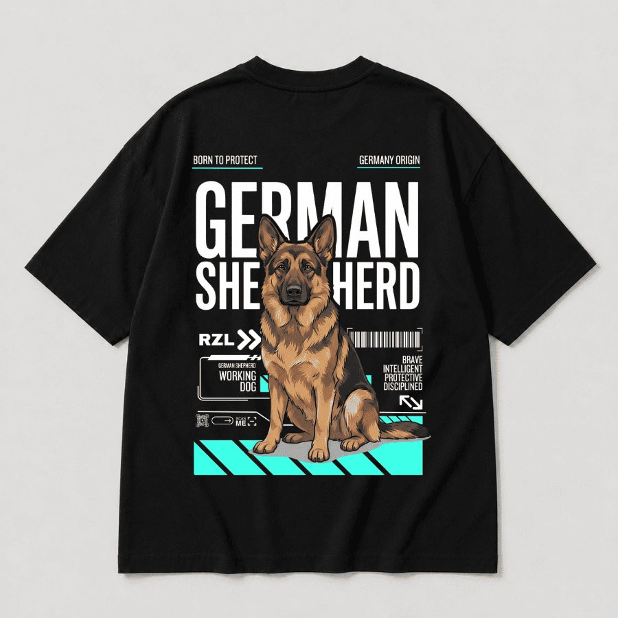 Camiseta Estampada German Shepherd - Oversize de RazasLovers, Negra, transpirable, suave