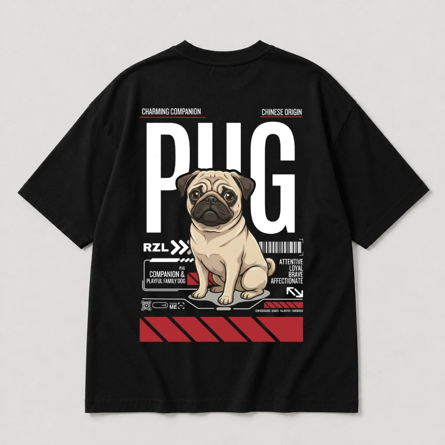 Camiseta Estampada Pug - Oversize de RazasLovers, Negra, transpirable, suave