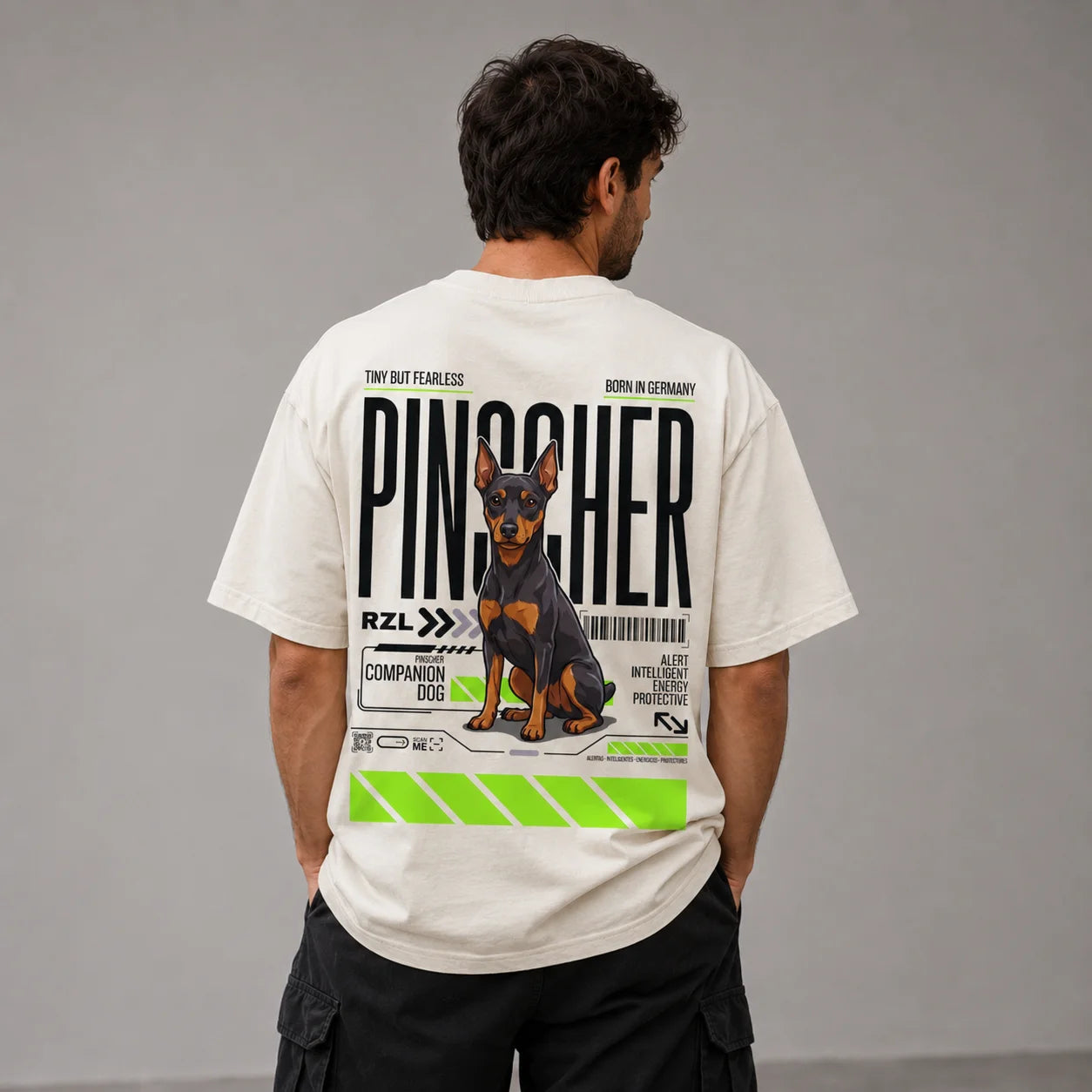 Camiseta Estampada Pinscher - Oversize de RazasLovers, Blanco hueso, suave, bordado