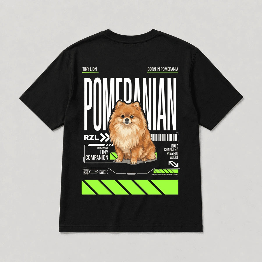 Camiseta Estampada Pomeranian - Regular de RazasLovers, Negra, transpirable, suave