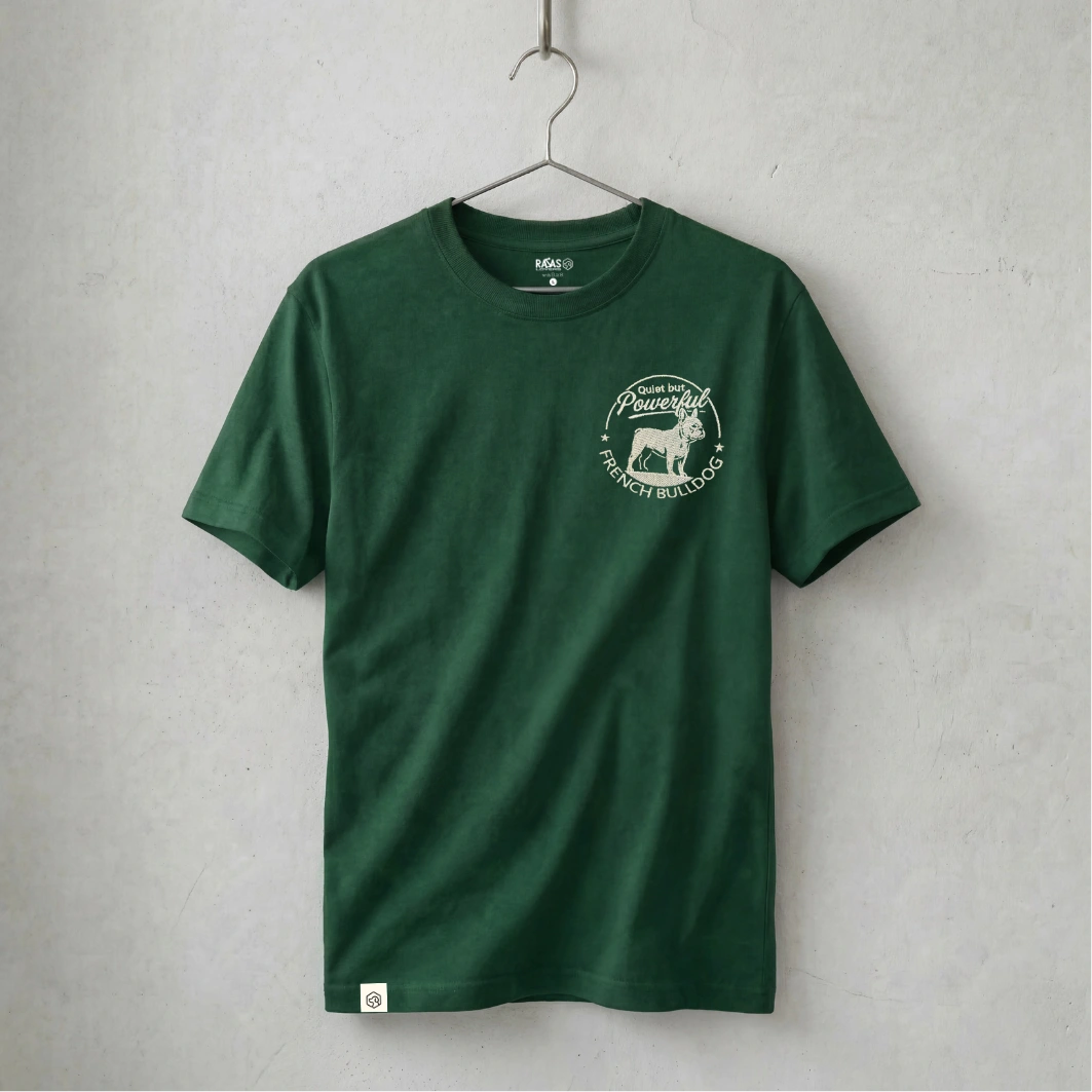 Camiseta Bordado Bulldog Francés - Regular Fit de RazasLovers, Verde Botella, transpirable, suave