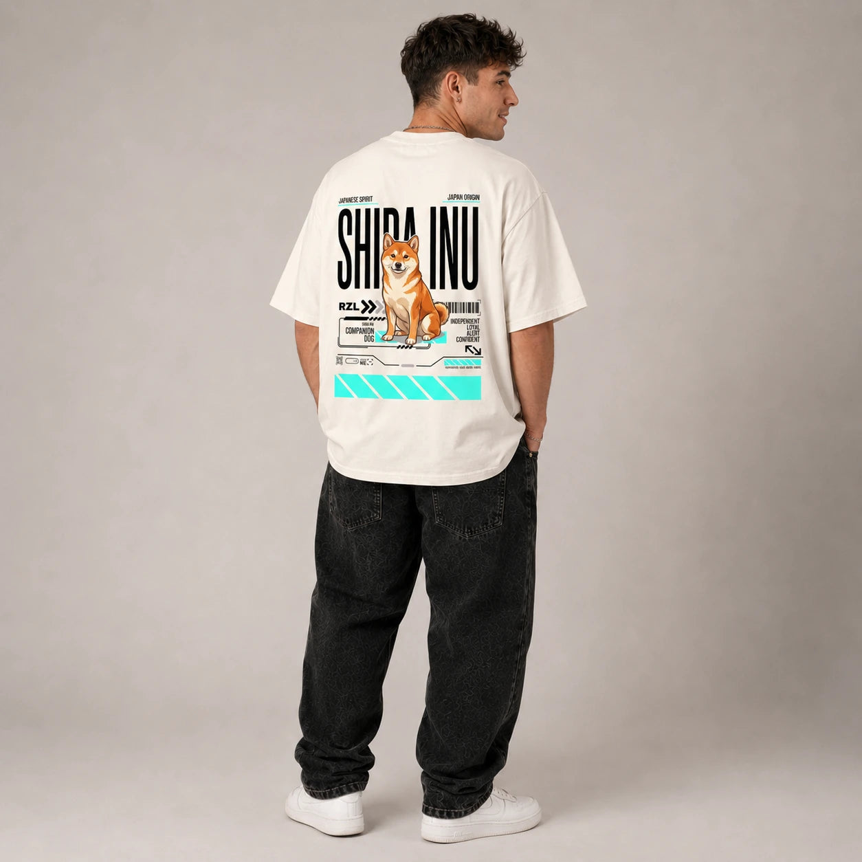 Camiseta Estampada Shiba Inu - Oversize de RazasLovers, Blanco hueso, transpirable, suave