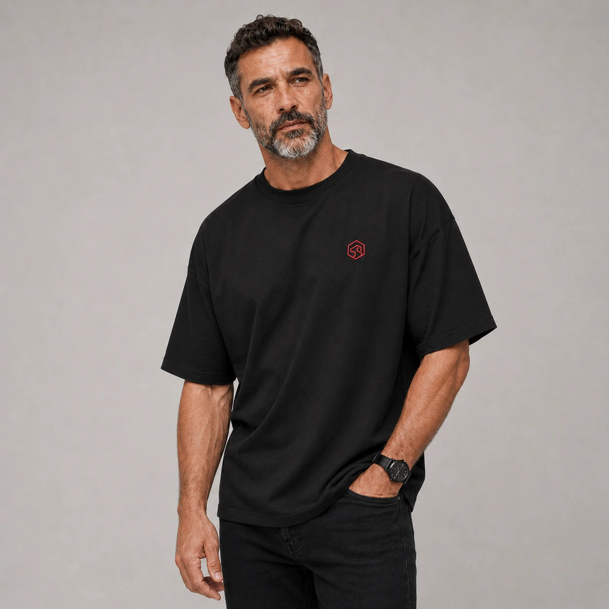 Camiseta básica negra premium bordado - Oversize de RazasLovers, Negra, Rojo, transpirable, suave