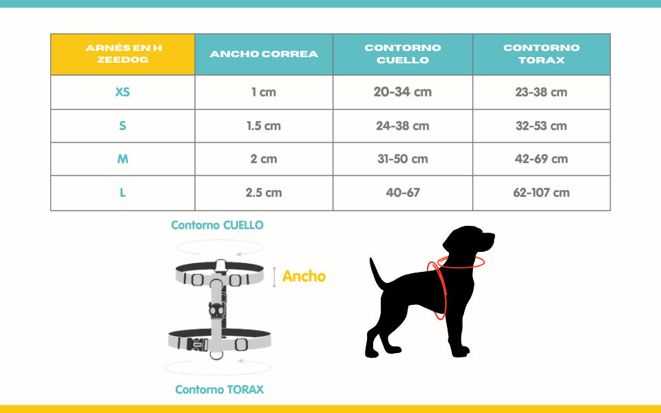 Guía general de tallas del arnés en H Zee.Dog