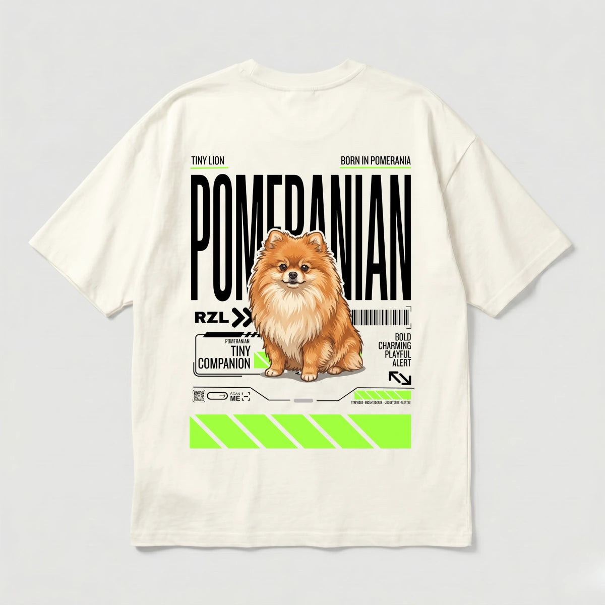 Camiseta Estampada Pomeranian - Oversize de RazasLovers, Blanco hueso, transpirable, suave