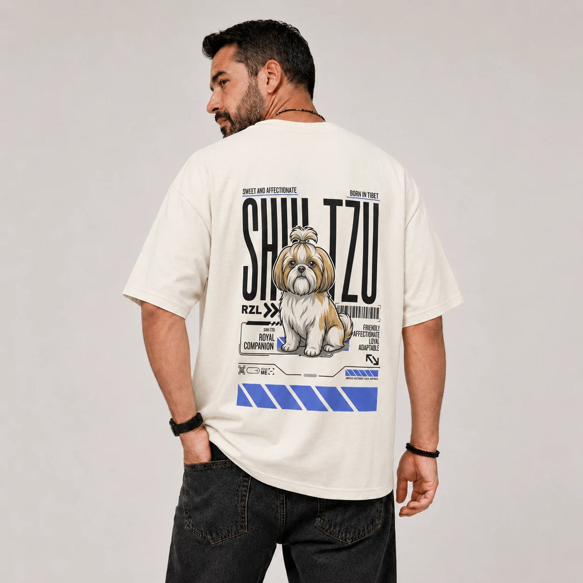 Camiseta Estampada Chih Tzu - Oversize de RazasLovers, Blanco hueso, transpirable, suave